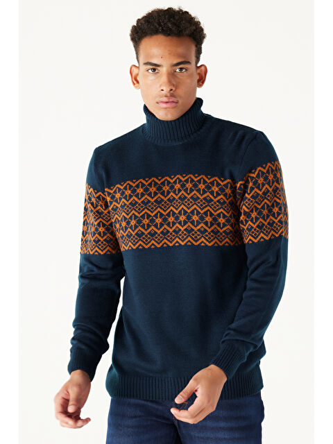 AC&Co / Altınyıldız Classics Erkek Lacivert-Kiremit Slim Fit  Normal Kesim Balıkçı Yaka Zikzak Desenli Triko Kazak - S000411936-21164