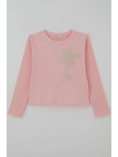 Breeze Kız Çocuk Uzun Kollu Tişört Örgü Çiçek Aplikeli Pembe (6-12 Yaş)