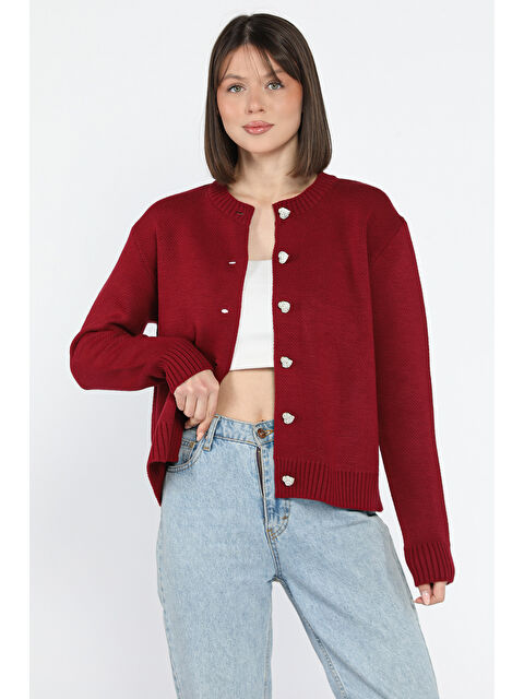 Gülseli Kadın Taşlı Kalp Figürlü Düğmeli Triko Hırka - S000361027-19951