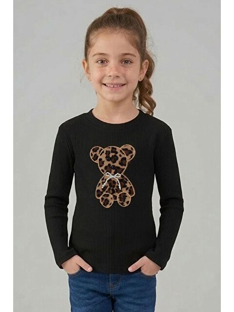 Breeze Kız Çocuk Uzun Kollu Tişört İncili Aplike Leopar Ayıcık Nakışlı Siyah (5-10 Yaş)
