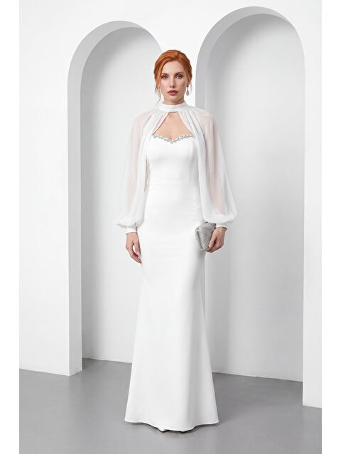 Lafaba Kadın Beyaz Straplez Pelerinli Taş Detay Uzun Davet Elbisesi