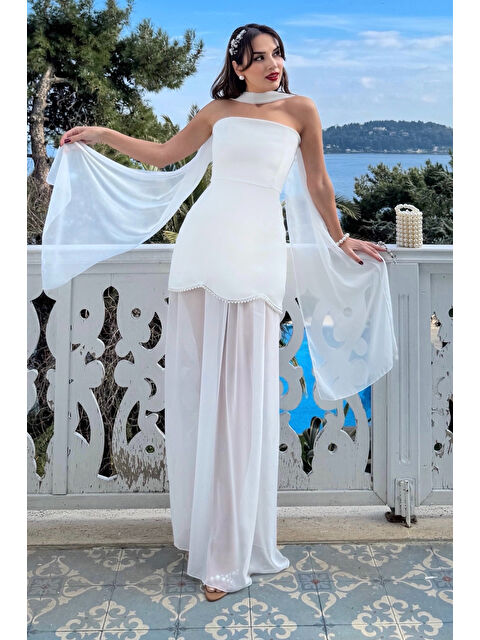 Lafaba Kadın Beyaz Straplez Şal Yaka Mini Elbise