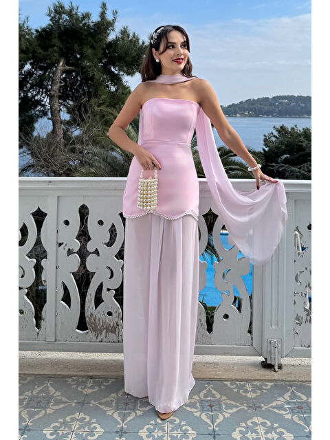 Lafaba Kadın Pembe Straplez Şal Yaka Mini Elbise