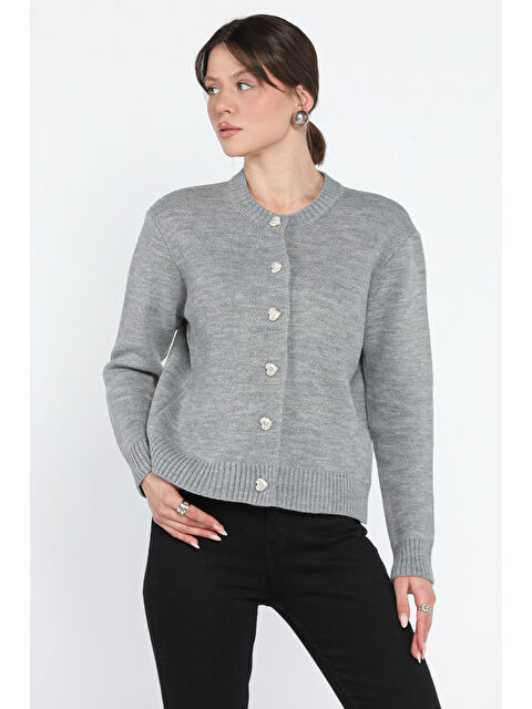 Gülseli Kadın Taşlı Kalp Figürlü Düğmeli Triko Hırka - S000361027-20600