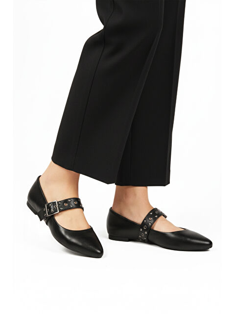 Ayakmod Siyah Cilt Kemerli Hafif Esnek Kadın Babet 209166 Z - S000448881-37437