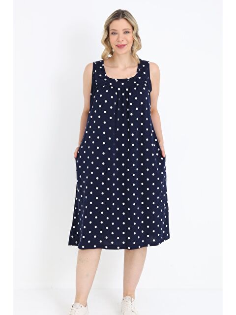 Intensive Kadın Büyük Beden Lacivert Puantiyeli Pamuklu Cepli Askılı Elbise