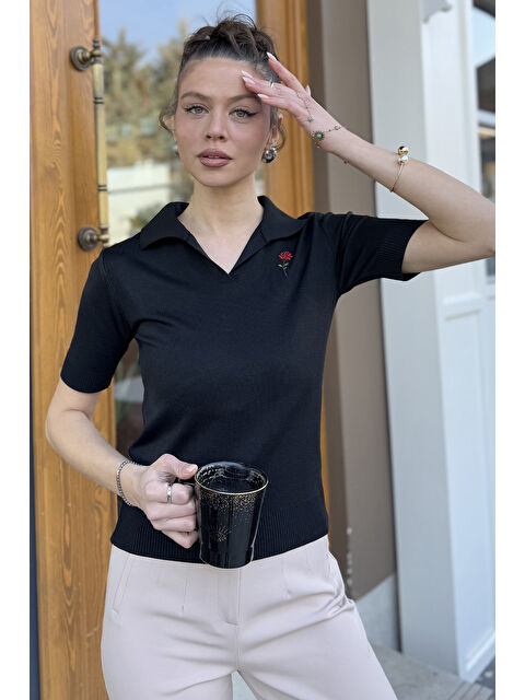 Gülseli Polo Yaka Gül Nakışlı Kadın Triko Bluz - S000361036-19351