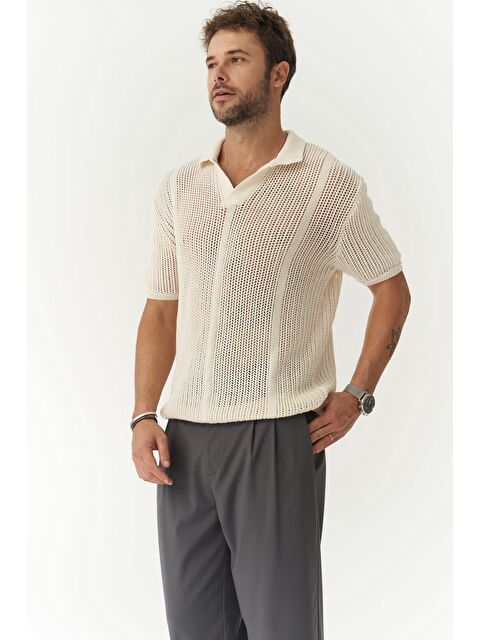 Mai Collection Looke Erkek Çizgi Detay Ekru Triko T-shirt - S000525810-19965