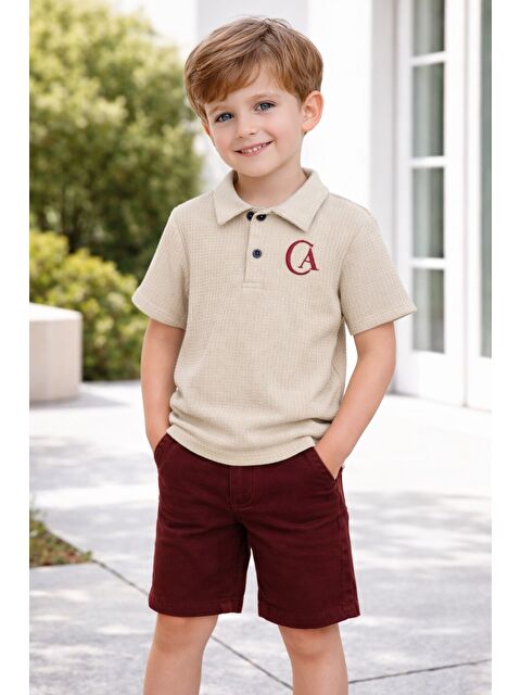 cassolını Tarz Lakos Yaprak Desenli Belden Ayarlanabilir Kısa Kollu Şortlu 2'li Takım Çocuk ve Bebek Giyi