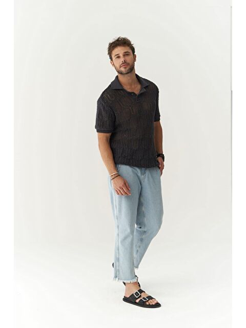 Mai Collection Leonard Erkek Düğme Detay Füme Triko T-Shirt - S000525815-33408