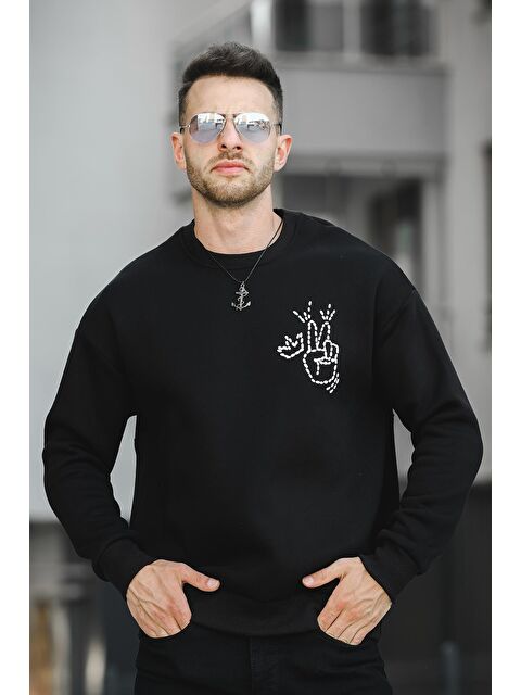 Oksit Üç İplik Şardonlu Sırt Baskılı Bisiklet Yaka  Erkek Sweatshirt - S000125170-19351
