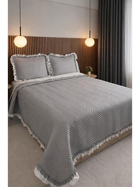 Çeyiz Diyarı Gonca Çift Taraflı Çift Kişilik Yatak Örtüsü 230x250 Gri