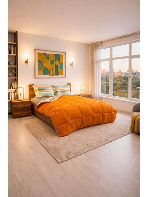 Çeyiz Diyarı Sherpa Pelüş Çift Kişilik Lastikli Çarşaflı Comforter Set Turuncu