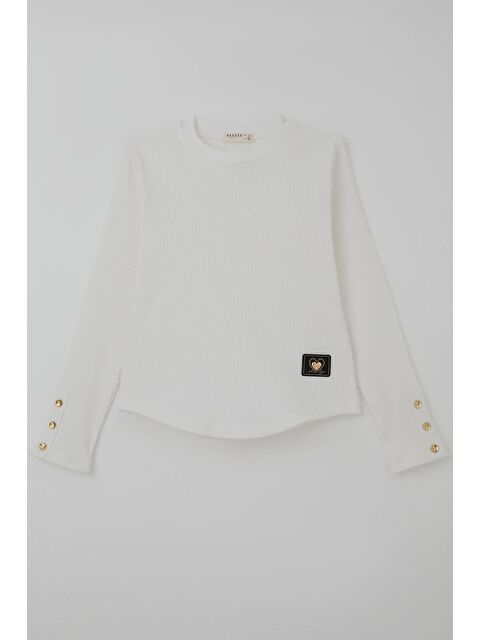 Breeze Kız Çocuk Uzun Kollu Tişört Kalp Armalı Kolları Düğme Aksesuar Detaylı Ekru (9-14 Yaş)