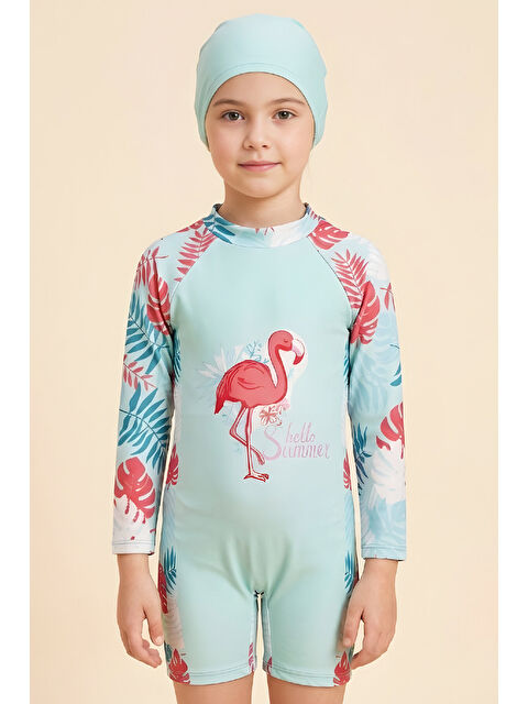 Modanino Kız Çocuk Mayo Takımı-Uzun Kollu Yüzücü Mayo ve Bone 4-12 Yaş 12638N