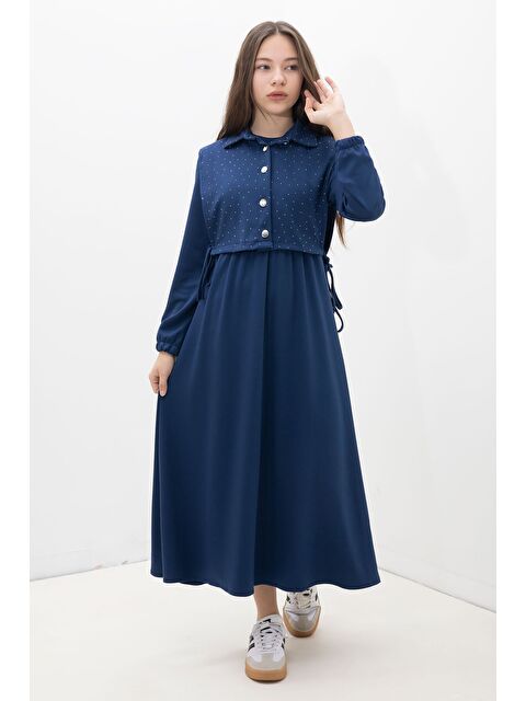 Cansın Mini Lacivert Taşlı Bağlamalı Yelekli Kız Çocuk Uzun Kol Elbise Takımı 23638 - S000517239-21164