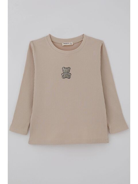 Breeze Kız Çocuk Uzun Kollu Tişört Taşlı Işıltılı Ayıcık Aplike Armalı Bej (5-10 Yaş)