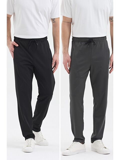 Mmetalic Erkek Siyah-Antrasit Fermuar Cepli Dalgıç Kumaş Düz Paça Rahat Pamuklu Jogger 2'li Eşofman Altı