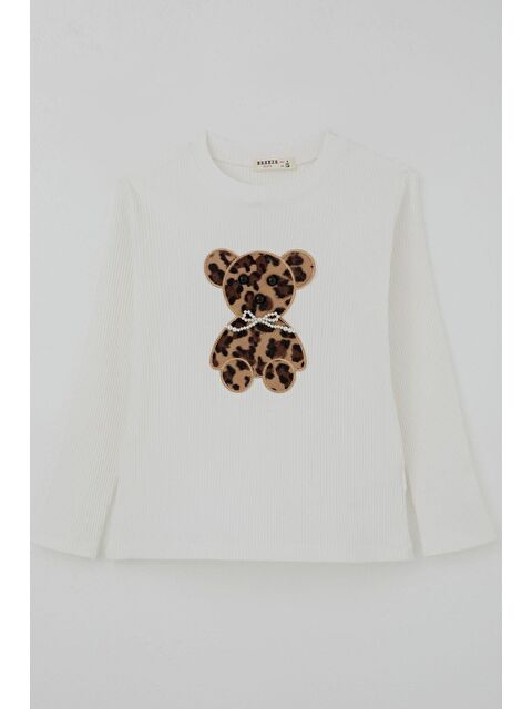 Breeze Kız Çocuk Uzun Kollu Tişört İncili Aplike Leopar Ayıcık Nakışlı Ekru (5-10 Yaş)