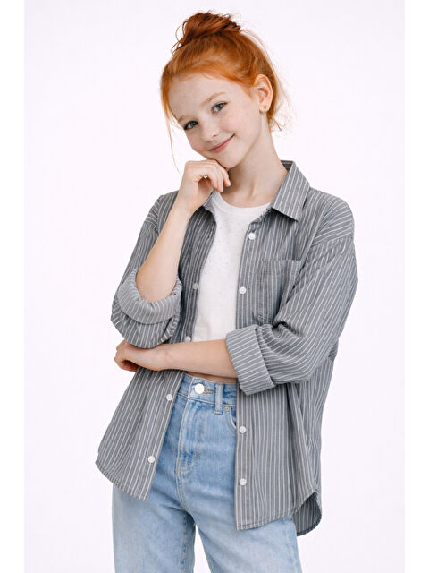 Ahengim Kız Çocuk Çizgili Taşı Crop Badili Gömlek Takım Ak2606 - S000530062-19351