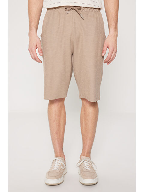 AC&Co / Altınyıldız Classics Erkek Bej-Kahve Standart Fit Normal Kesim Bisiklet Yaka Pamuklu Çizgili Pijama Takımı