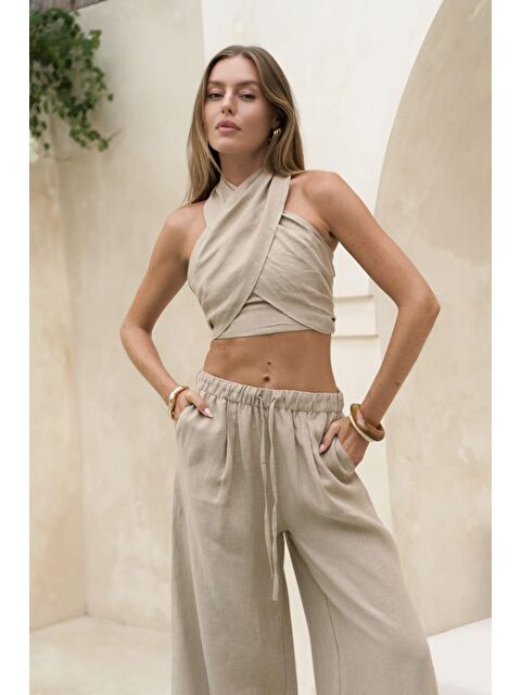 Bohemai Moira Bej Keten Crop Pantolon Takım - S000243607-19928