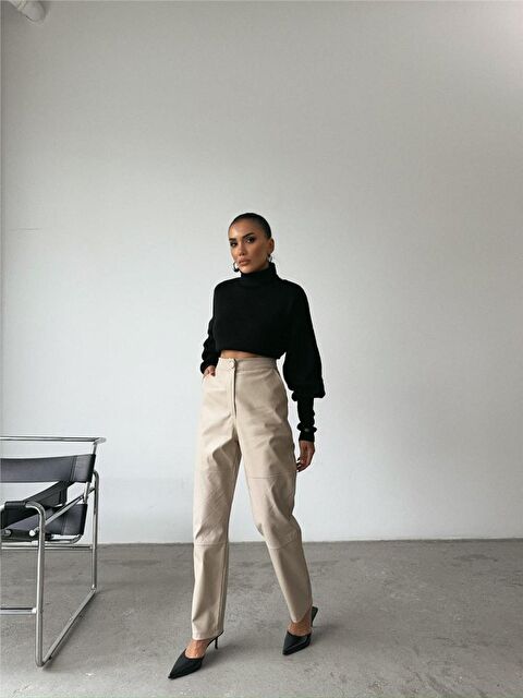 Jane's DERİ PANTOLON DİZ PARÇALI - Taş