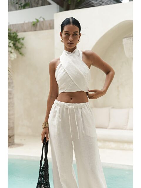 Bohemai Moira Beyaz Keten Crop Pantolon Takım - S000243607-20063