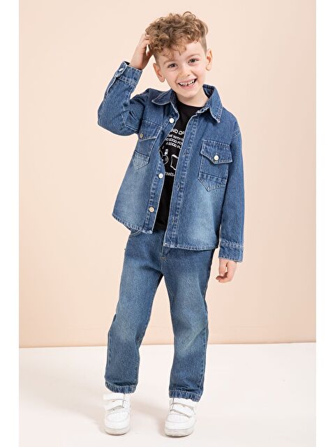 Cansın Mini Koyu Mavi Düğmeli Jean Ceketli Pantolonlu Erkek Çocuk 3lü Takım 23629 - S000517241-19393
