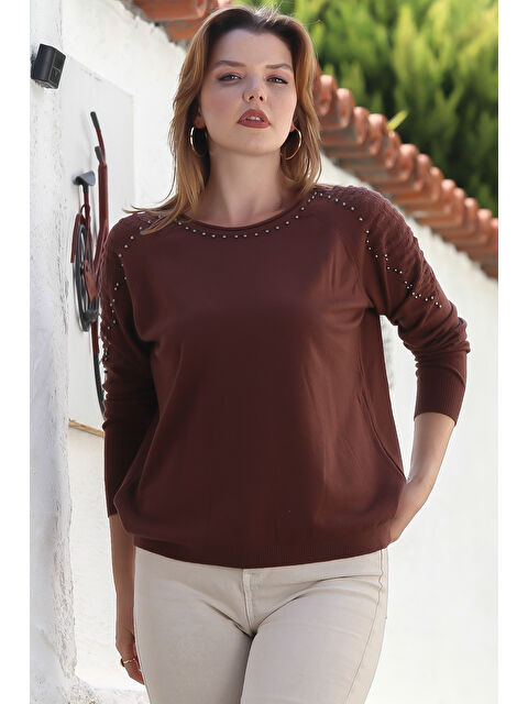 Chiccy Kahverengi Havuz Yaka Uzun Kol Troklu Casual Ajur Örgü Triko Kazak 65 60 - S000469072-19413