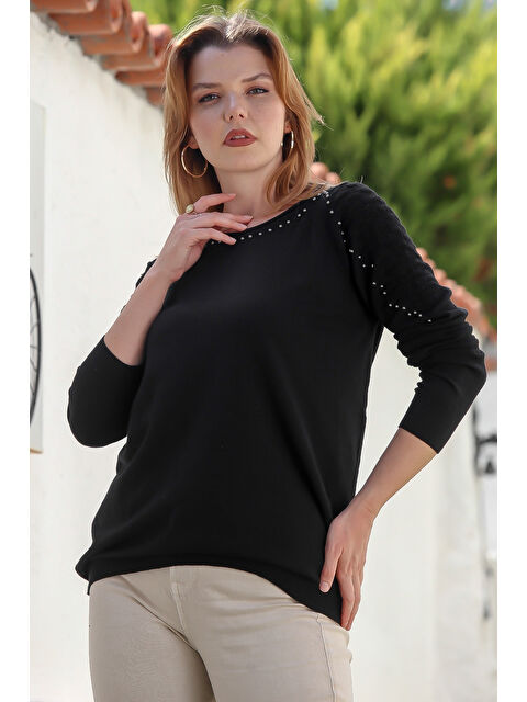 Chiccy Siyah Havuz Yaka Uzun Kol Troklu Casual Ajur Örgü Triko Kazak 65 60 - S000469072-19351