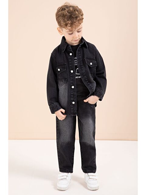 Cansın Mini Siyah Düğmeli Jean Ceketli Pantolonlu Erkek Çocuk 3lü Takım 23627 - S000517241-19351