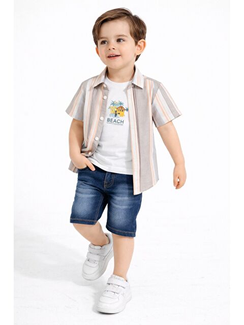 cassolını Tarz Gömlekli Çizgili Belden Ayarlanabilir Kısa Kollu Şortlu 3'lü Takım Çocuk ve Bebek Giyim Öz