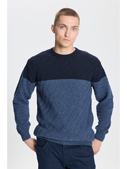 AC&Co / Altınyıldız Classics Erkek Saks-Havacı Mavi Standart Fit Normal Kesim Bisiklet Yaka Desenli Yünlü Triko - S000411959-23710