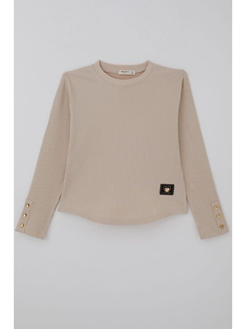 Breeze Kız Çocuk Uzun Kollu Tişört Kalp Armalı Kolları Düğme Aksesuar Detaylı Bej (9-14 Yaş)