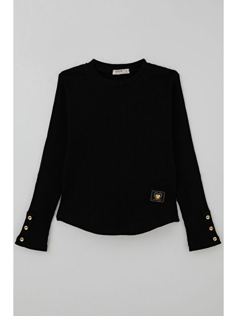 Breeze Kız Çocuk Uzun Kollu Tişört Kalp Armalı Kolları Düğme Aksesuar Detaylı Siyah (9-14 Yaş)