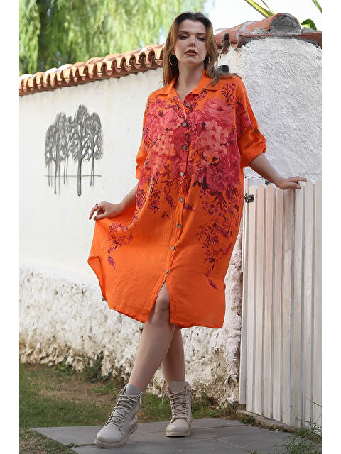 Chiccy İtalyan Turuncu Gömlek Yaka Düğmeli Uzun Kollu Çiçekli Dijital Baskılı Keten Dokuma Elbise 108 74 - S000469077-20013