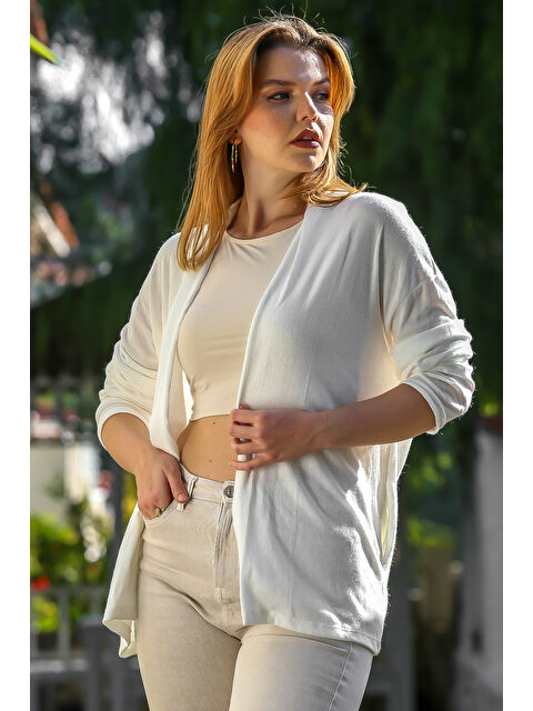 Chiccy İtalyan Ekru Yakasız Uzun Kol Kapamasız Cepli Casual Triko Hırka 67 72 - S000469074-19965