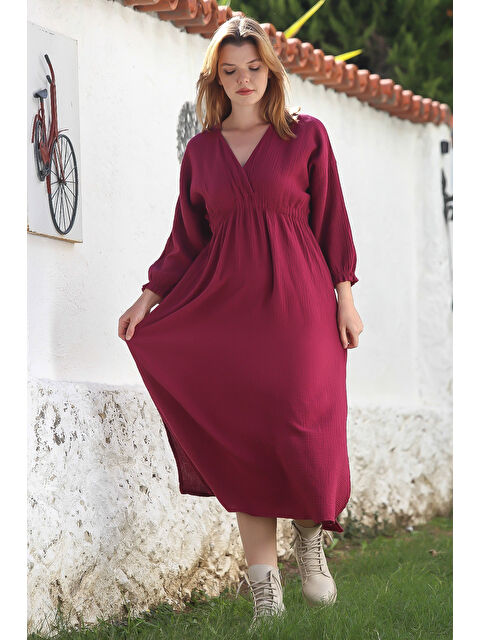 Chiccy Rengi Kruvaze Yaka Büzgülü Kol Casual Midi Boy Dokuma Elbise 120 60 - S000469079-19951