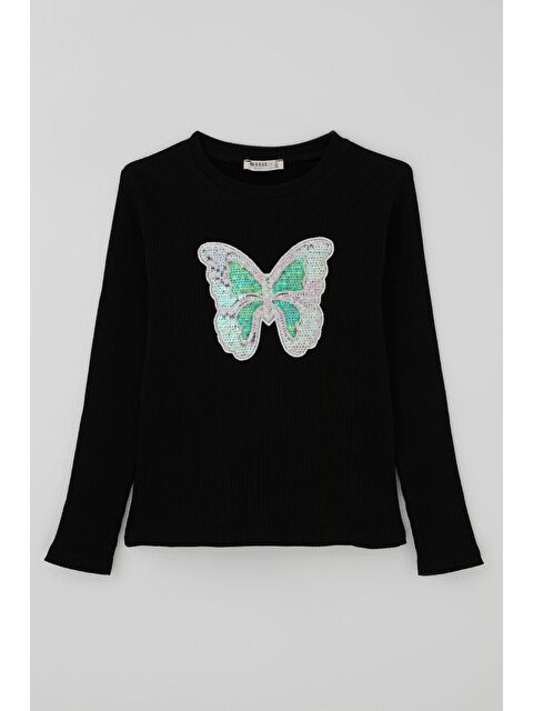 Breeze Kız Çocuk Uzun Kollu Tişört Pul İşlemeli Kelebek Armallı Siyah (9-14 Yaş)