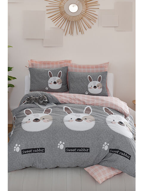 UPSTYLE Çift Kişilik Nevresim Seti Tavşancık A.Kahve Gri Pembe - S000295112-29705