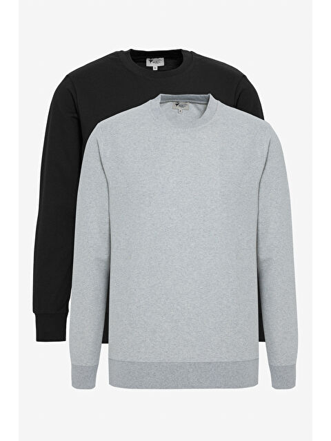 AC&Co / Altınyıldız Classics Erkek Siyah-Gri Melanj 2'li Paket Pamuklu Standart Fit Normal Kesim Bisiklet Yaka Sweatshirt - S000394287-37430