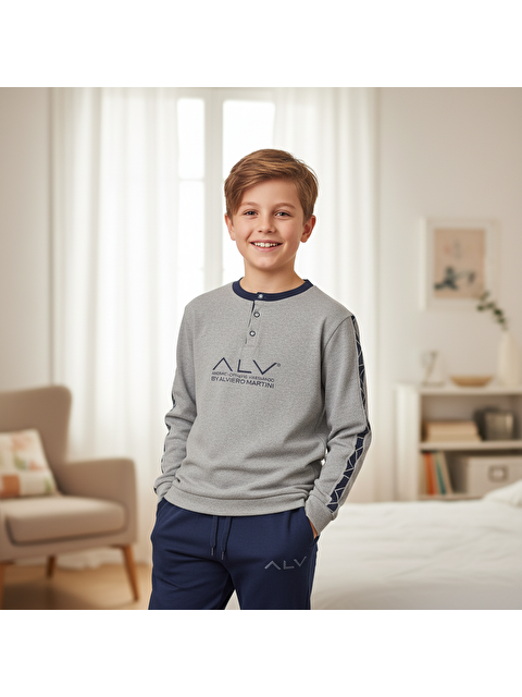 Bonbon Genç Erkek Pamuklu Gri Melanj - Lacivert Renk Pijama Takımı Al003 V2 Bb2435