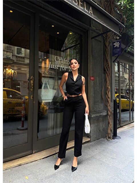 Jane's KETEN DUBLE PAÇA DERİ TABA KEMERLİ PANTOLON - Siyah