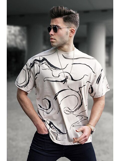 Madmext Erkek Desenli Bej Tişört 5362