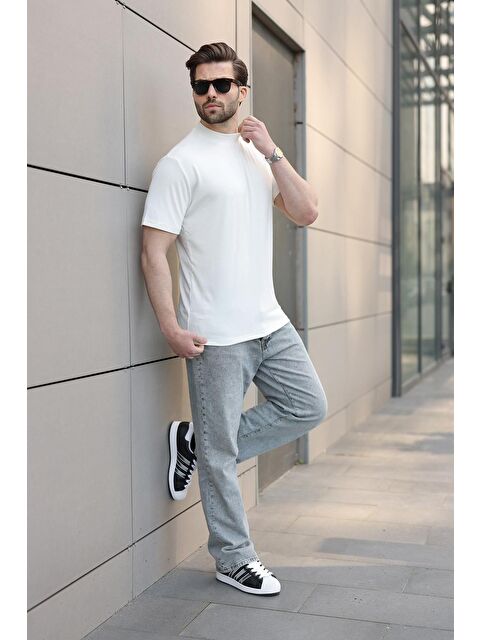 Madmext Ekru Bisiklet Yaka Basic Erkek T-Shirt E7113