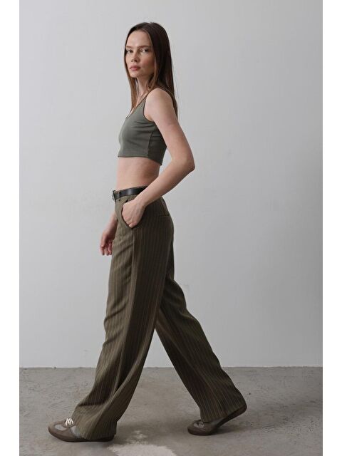 Jane's Kemerli Palazzo Pantolon - Haki-Beyaz