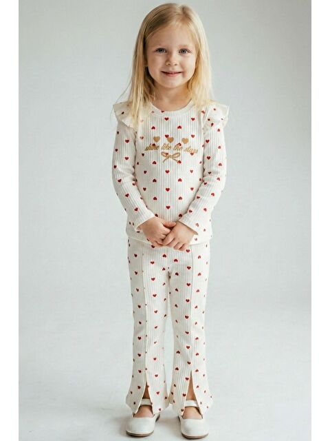 Breeze Kız Çocuk Taytlı Takım İspanyol Paça Kalp Desenli Krem (1.5-5 Yaş)