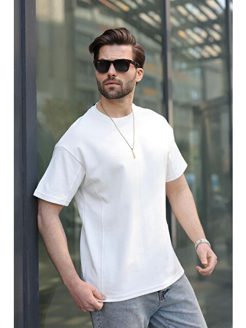 Madmext Ekru Dikiş Detaylı Regular Fit Erkek Tişört E7183