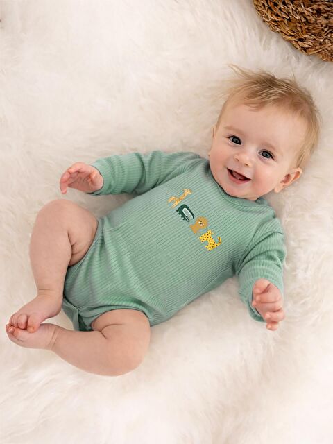 Civil Baby Hayvanlar Baskılı 0-3 Yaş Çıtçıtlı Badi - Haki